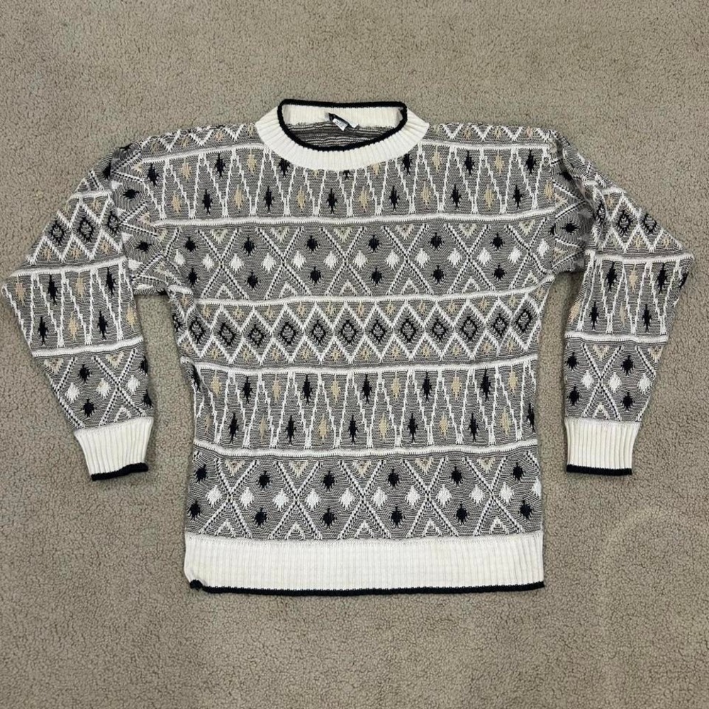 Vintage Pattern Sweater Mens‎ Large Geometric Made in USA Private Club White